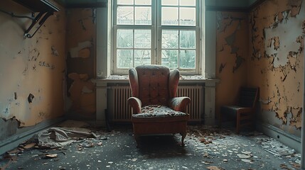 Damaged room interior with an old armchair near a window peeling paint and debris on the floor