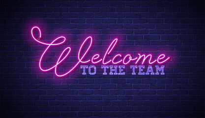 Welcome Glowing Neon Light Sign Lettering Design on Vintage Brick Wall Background. Vector Modern Neon Signboard Illustration Template with Typography Label for Banner, Greeting Card, Post Card, Flyer