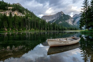 Obraz premium Serene mountain lake with rowboat reflection