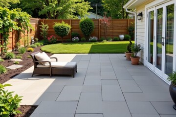 a backyard paved with porcelain stoneware tiles, offering stain resistance and low maintenance.