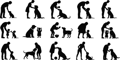 Silhouettes of people bonding with dogs, training, playing, petting, children and pets, love and care, vector illustration, black design