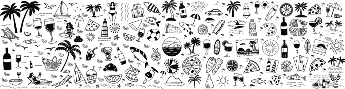 Black and white vector icon set of summer vacation elements. Includes sun, beach umbrella, palm tree, suitcase, flip flops, sunglasses, ice cream, camera, surfboard, cocktail silhouette icons PNG