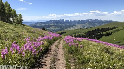 Winding path through a meadow of vibrant wildflowers, showcasing a mountain vista.