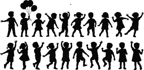 Silhouettes of happy children playing, running, dancing, holding balloons, active kid poses, childhood fun, vector illustration, black isolated design