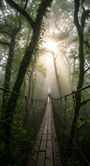 Obraz premium Hiker with a backpack on an epic journey across a suspension bridge in a lush, misty rainforest with dramatic sunbeams breaking through the fog. Concept of adventure, travel, exploration.