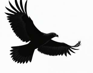 Obraz premium Majestic black eagle soaring in flight against white background. Powerful wings and features showcase agility and grace. Represents freedom nature wildlife predator.