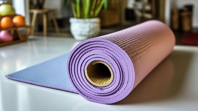 Rolled purple yoga mat fitness and exercise equipment
