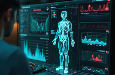 Digital interface displays patient medical data, DNA analysis, test results for health assessment. Doctor works with software for patient monitoring, electronic records. Healthcare tech.