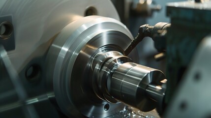 Close-up of workpiece turning operation on a lathe, showcasing a metal workpiece being precision-cut by a carbide tool with chips flying and coolant spraying. The spindle rotates steadily as the toolh
