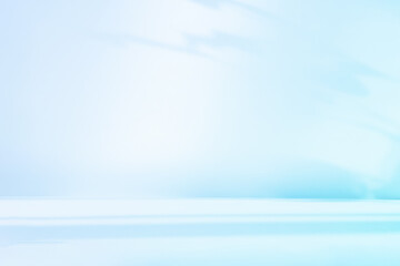 Abstract blue color gradient studio background for product presentation. Empty room with shadows of flowers and plant leaves. 3d room with copy space. Summer concept. Blurred backdrop