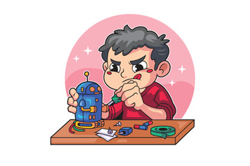 Focused Young Boy Building a Robot