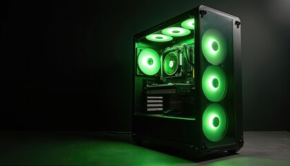 Modern high-performance gaming PC with green LED lighting. Powerful components housed in sleek black case, latest tech. Digital desktop computer setup for playing video games. Illuminated contraption