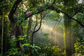 Fototapeta premium Sunbeams illuminating lush tropical rainforest