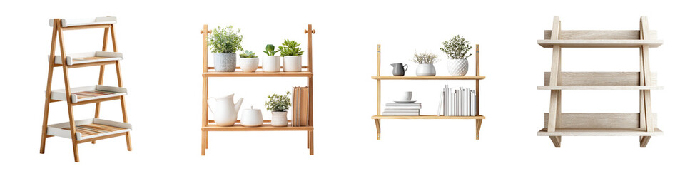 Wooden shelves with plants and decor items displayed