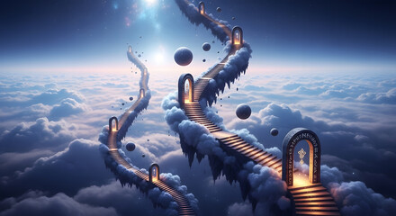 Obraz premium Celestial Pathways A Journey Through Clouds, Arches, and Golden Gates to the Heavens