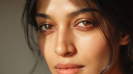 Obraz premium Close-up of South Asian woman with minimal makeup, clean lighting, neutral background