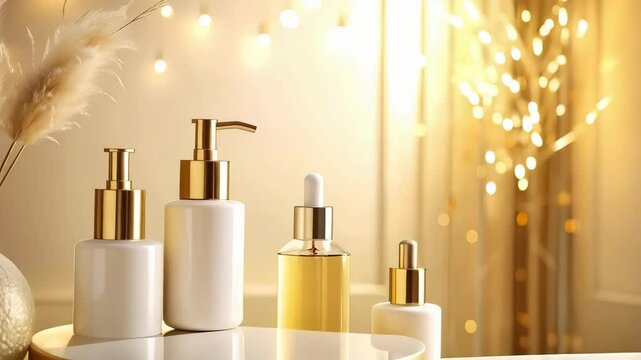 Luxury cosmetic bottles displayed on a golden podium with soft light, showcasing skincare products and beauty treatments in a minimal style.