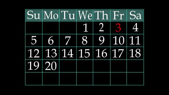 The calendar 3th day of the month is red circled ,Calendar interface with highlighted dates and event icons, looped animation. 4k