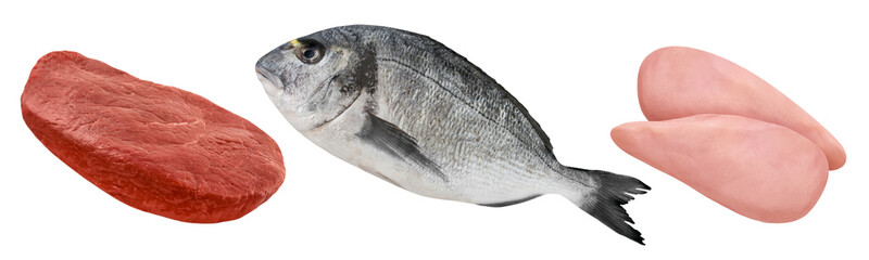 Rindfleisch, Geflügel und Fisch Hintergrund transparent PNG cut out  Beef, chicken and poultry