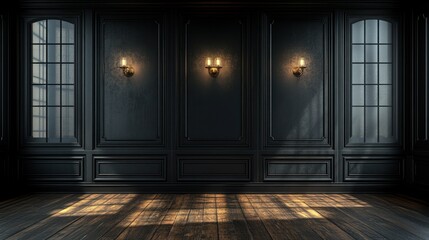 Dark, elegant room with paneled walls, ornate lighting, and wooden floors