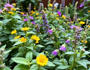 a backyard garden bursting with lemon balm, mint, and thyme thriving in partial shade, perfect for beginner gardeners.