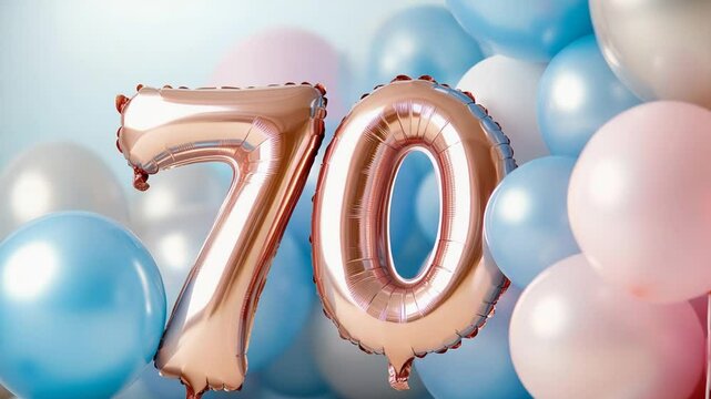 Celebratory 70th birthday with festive rose gold and pastel balloons.