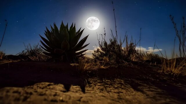 Night landscape of desert vegetation with agave plants and full moon shining in starry blue sky above desolate terrain.