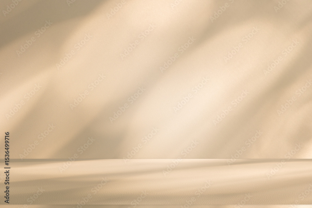 Poster Wall interior background, studio and backdrops show products. with leaf shadow from window color beige and white. background for text insertion and presentation of product	
