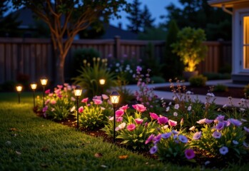 solar stake lights casting warm pools of light around flowerbeds in a backyard, creating a tranquil and enchanting nighttime garden.