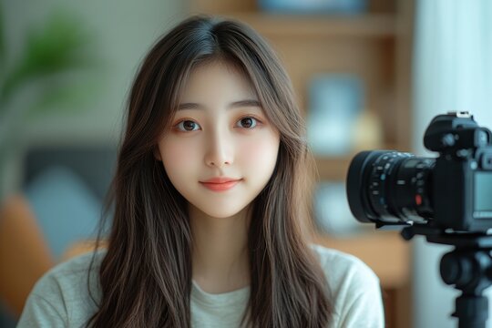 Asian teenage girl talking to the camera and recording footage for a social media clip., Generative AI - Powered by Adobe