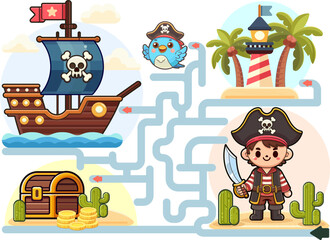 Adventure maze with pirates. Game for kids. Help the pirates find the way to the treasure and board the pirate ship, Preschool educational activity, Flat vector cartoon illustration.