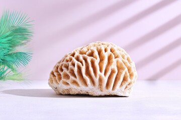 Beige Coral Seashell on White Sand with Tropical Plant Shadow