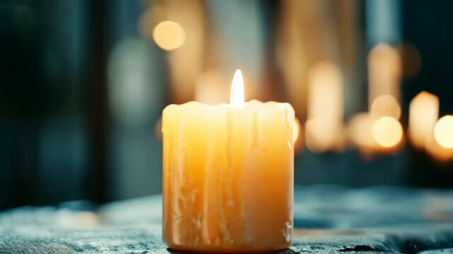 Glowing candle on rustic surface with soft bokeh background ambiance.