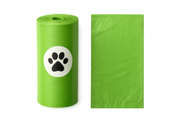 Green roll and single opened dog poop bag with paw print symbol on transparent background, perfect for pet waste disposal