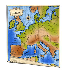 Rolled up paper sheet with old geographic map of Europe with with colored relief markings and country names isolated on white. Drawing in color vintage 
engraving style. Vector illustration