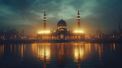 Obraz premium Illuminated mosque at dusk, reflected in water