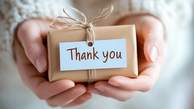Hands presenting thank you gift box with twine bow and tag.