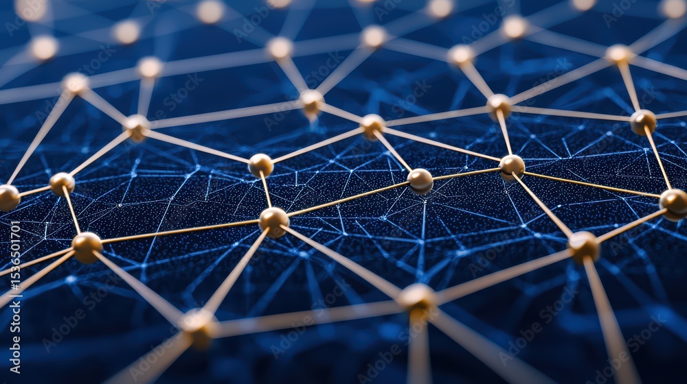 Poster abstract network connection with golden nodes and blue background representing data flow and communi