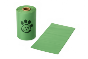 Green roll and single biodegradable dog poop bag with paw print and dog face logo on transparent background