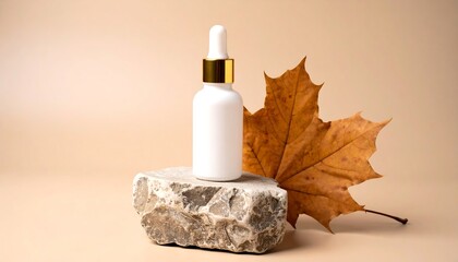 Serum bottle on rock with fall maple leaf.