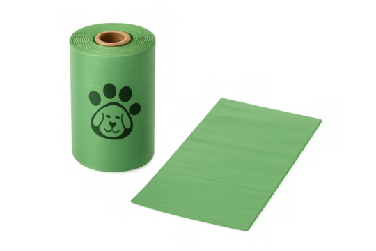 Green roll and single biodegradable dog poop bag with paw print and dog face logo on transparent background