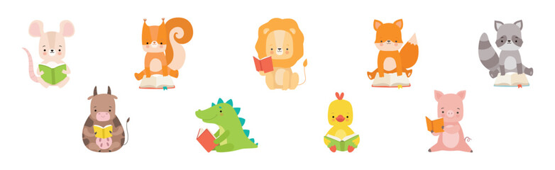 Cute Animals Reading Book in Hard Cover Enjoying Interesting Story Vector Set