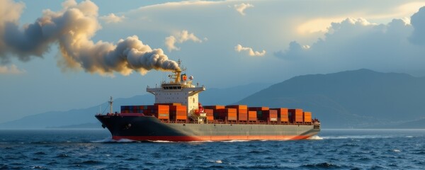 a large cargo ship emitting exhaust smoke near a coastline, depicting maritime transport's impact on marine ecosystems and atmospheric pollution, Generative AI