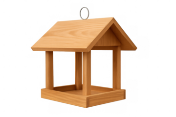 Wooden bird feeder suspended, hanging empty against transparent backdrop