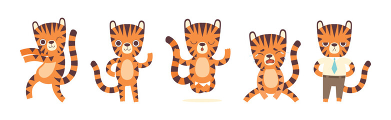 Cute Little Tiger Character with Striped Body and Tail Vector Set