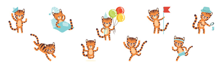 Cute Little Tiger Character with Striped Body and Tail Vector Set