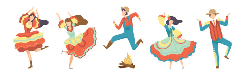 People Characters Dancing at Folk Party Celebrating Traditional Festival Vector Set