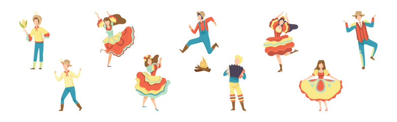 People Characters Dancing at Folk Party Celebrating Traditional Festival Vector Set