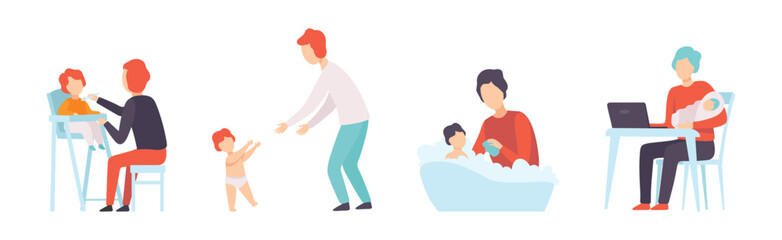 Dad on Maternity Leave Takes Care of Little Toddler Vector Set