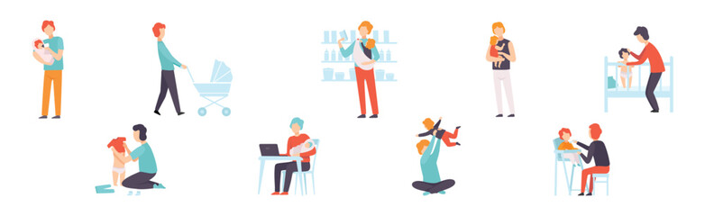 Dad on Maternity Leave Takes Care of Little Toddler Vector Set